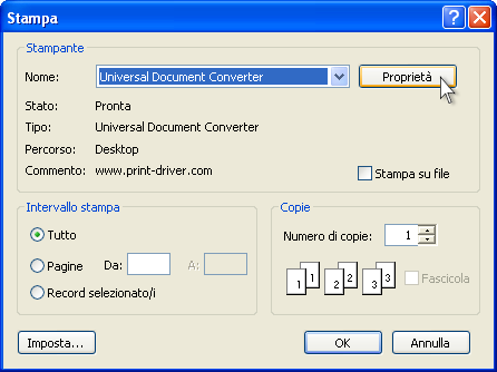 Selezionare Universal Document Converter dalla lista di stampanti e premere il pulsante Proprietà.