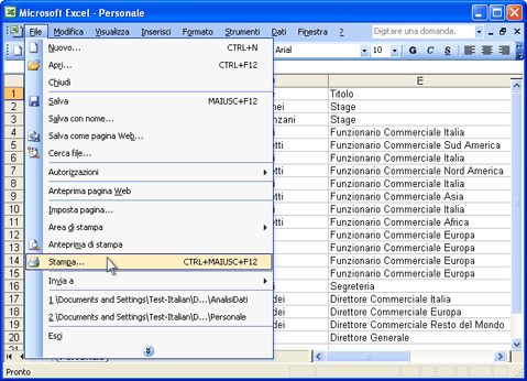 Aprire il file Excel in Microsoft Excel e premere File-Stampa... nel menu principale dell'applicazione.