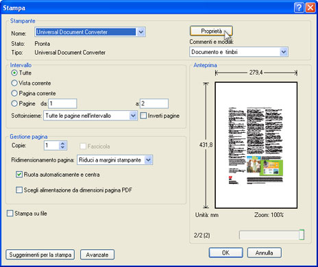 Selezionare Universal Document Converter dalla lista di stampanti e premere il pulsante Proprietà.
