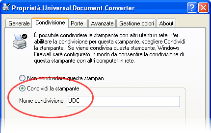 Condividere Universal Document Converter per la stampa in rete