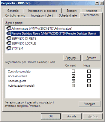 Aggiunta di utenti ai Servizi terminal