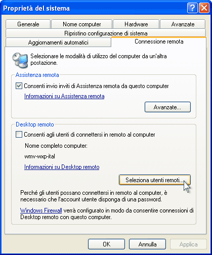 Configurare il computer remoto (host) in Windows XP