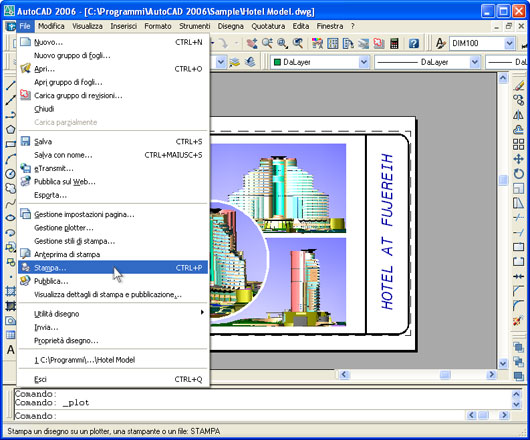 Aprire il disegno in AutoCAD e premere File-Stampa... nel menu principale dell'applicazione.
