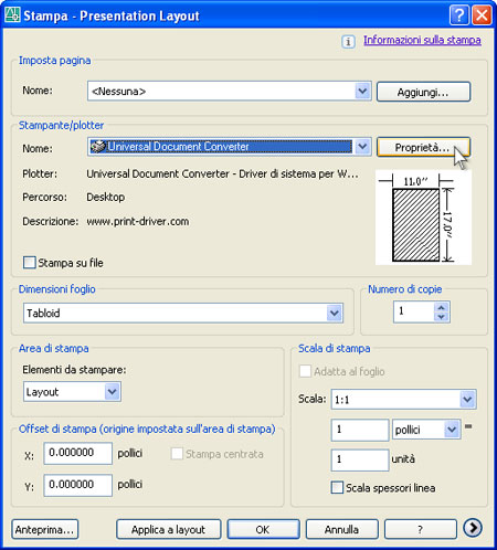 Selezionare Universal Document Converter dalla lista di stampanti e premere il pulsante Proprietà.