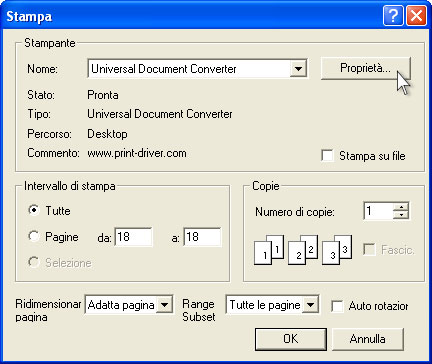 Selezionare Universal Document Converter dalla lista di stampanti e premere il pulsante Proprietà.