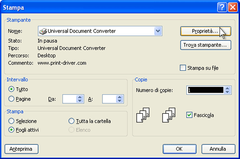 Selezionare Universal Document Converter dalla lista di stampanti e premere il pulsante Proprietà.