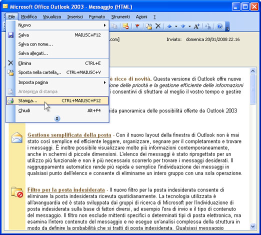 Fare doppio clic sulla e-mail nella casella di posta in arrivo di Outlook per aprirla e premere File-Stampa... nel menu principale.