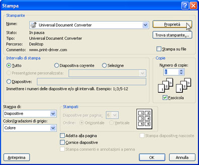 Selezionare Universal Document Converter dalla lista di stampanti e premere il pulsante Proprietà.