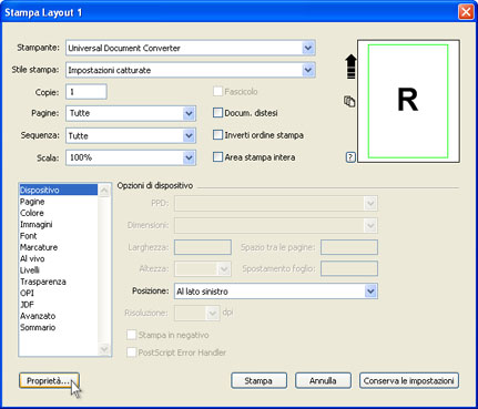 Selezionare Universal Document Converter dalla lista di stampanti e premere il pulsante Proprietà.