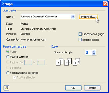 Selezionare Universal Document Converter dalla lista di stampanti e premere il pulsante Proprietà.