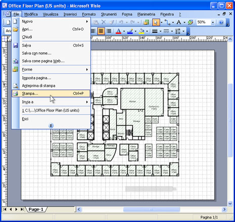 Aprire il disegno in Microsoft Visio e premere File-Stampa... nel menu principale dell'applicazione.